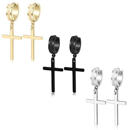Men Women Stainless Steel Cross Earrings Set Dangle Hinged Earrings of Dangle Hinged Earrings Cross hoop Earrings - color: 3 Pairs Cross Earrings (Black+Silver+Gold) Scrub Large