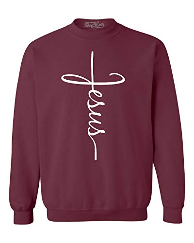 shop4ever Jesus Cross Script Crewneck Sweatshirts - color: Maroon, size: X-Large
