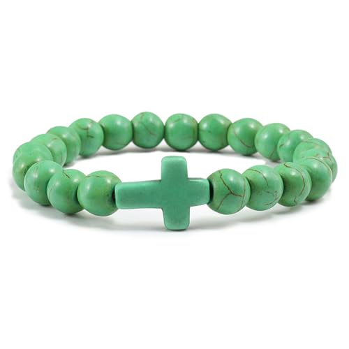 FORUBUS Lava Rock Stone Beaded Bracelet, Cross Charm Natural Volcanic Stone beads Turquoise Stretch Bracelet for Women Men Religion Jewelry Pray Baptism Gift - color: B 1pcs green