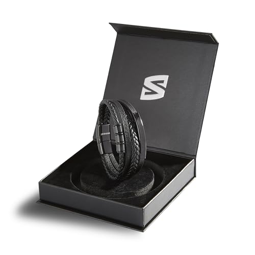 SERASAR Men's Leather Bracelet with Stainless Steel Magnetic Clasp - color: Black, size: 20cm, style: Brave