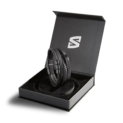 SERASAR Men's Leather Bracelet with Stainless Steel Magnetic Clasp - color: Black, size: 23cm, style: Brave