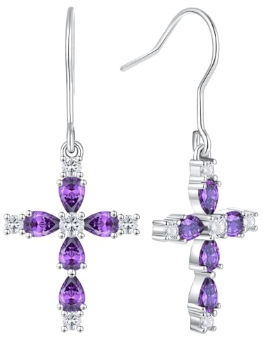 YL 925 Sterling Silver Cross Dangle Earrings Halo Birthstone Hook Earrings Religious Jewelry for Women - color: 2-amethyst-Feb