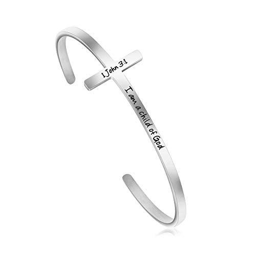 Memgift 𝐂𝐫𝐨𝐬𝐬 𝐁𝐫𝐚𝐜𝐞𝐥𝐞𝐭 Religious Cuff Bangle 𝐁𝐢𝐛𝐥𝐞 𝐕𝐞𝐫𝐬𝐞 Christian Gifts Jewelry for 𝐖𝐨𝐦𝐞𝐧 - style: Silver cuff-I am a child of god -1 John 3:1
