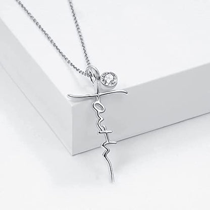 PRAYMOS Faith Cross Necklace for Women 925 Sterling Silver Pendant Necklace With Birthstone Initial Christian Religious Confirmation Baptism Mothers Day Gifts - color: 2-Silver April(Clear Cubic Zirconia)