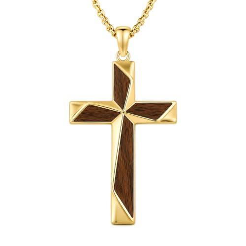 14K Gold Plated Wood Cross Necklace for Men Christian Pendant Jewelry - color: A01-Cross