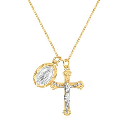 Rnivida 925 Sterling Silver Crucifix Cross and Miraculous Medal Pendant Necklace for Women - color: Gold, size: 18 inches