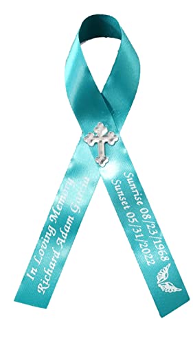 Personalized Memorial Service Funeral Ribbon Pins 20 Cross Religious Celebration of Life Custom Made Awareness Remembrance Anniversary Death Cross Sympathy Name Angel - color: Teal