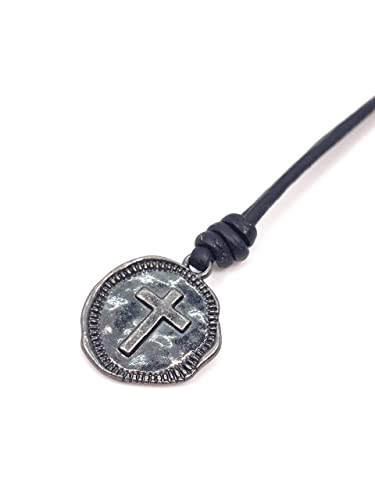 Cross Necklace Mens - Men Cross Coin, Religious Pendant, Medallion Necklaces, Christmas Gift, Catholic Pendant, Christian Charms, Women Gifts to Husband, Cute Crosses - color: Gunmetal, style: Black Leather