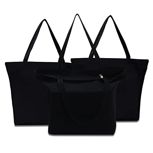 Canvas Zipper Tote Bags, 3Pcs 17.75"x13.75" Black Plain Canvas Tote Bag Set - color: Black, size: 17.75"x13.75"