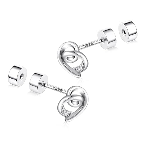 CEROUNO Flat Back Stud Earrings - 925 Sterling Silver Post Flatback Earrings Gold Silver Cubic Zirconia Earrings Studs for Women - color: Silver Heart