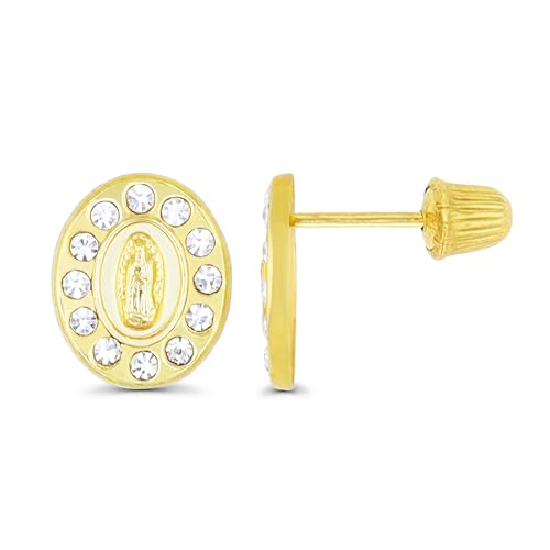 14K Yellow Solid Gold Religious Earrings | Virgin Mary & Lady Guadalupe Stud Earrings - color: ScrewBack-Virgin Mary