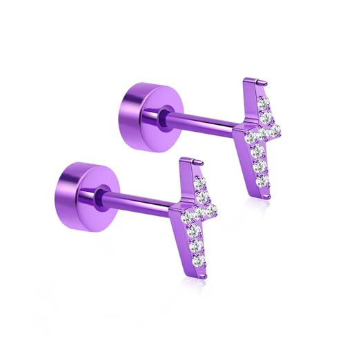 XUU 20G Flat Back Stud Earrings ASTM F136 Titanium & Sparkling CZ - color: purple lightning bolt