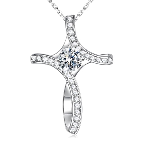 Iefil Cross Necklace for Women - Birthstone Necklace for Women Wife Her - color: 04-April-Elegant White
