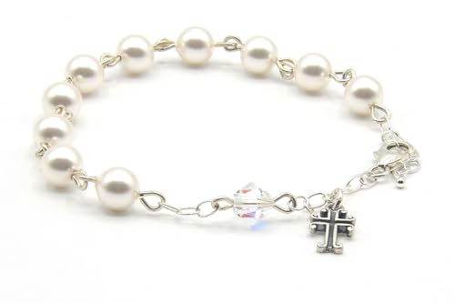 Catholic Communion Rosary Bracelet Created with Swarovski® Crystals, Glass - color: White Pearlized