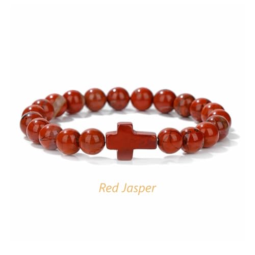 8mm Gemstone Cross Bracelet for Women Men – Stretch Beaded Faith Bracelet with Sideways Cross (Multiple Colors) - style: Red Jasper