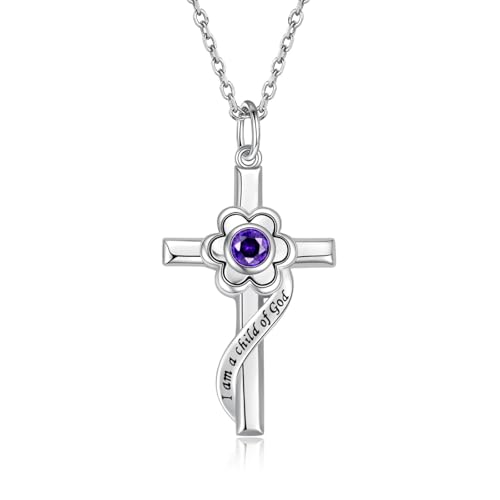 I am a Child of God Necklace - 925 Sterling Silver Birthstone Flower Cross Pendant Religious Jewelry Baptism First Communion Confirmation Gifts for Girls - style: Feb