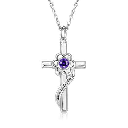 I am a Child of God Necklace - 925 Sterling Silver Birthstone Flower Cross Pendant Religious Jewelry Baptism First Communion Confirmation Gifts for Girls - style: Feb