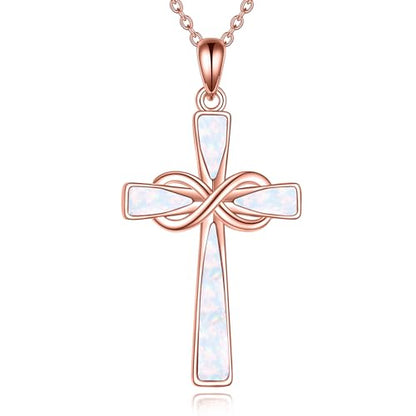 Infinity Cross Necklace S925 Sterling Silver Turquoise/Wooden/Opal/Abalone Cross Pendant Necklaces Christian Jewelry Gifts For Women - style: Rose Gold Opal Cross