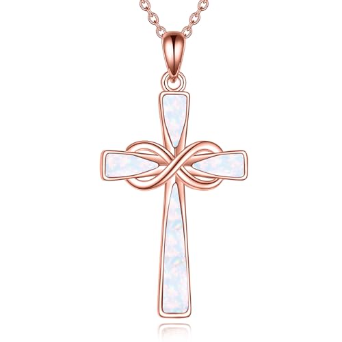 Infinity Cross Necklace S925 Sterling Silver Turquoise/Wooden/Opal/Abalone Cross Pendant Necklaces Christian Jewelry Gifts For Women - style: Rose Gold Opal Cross