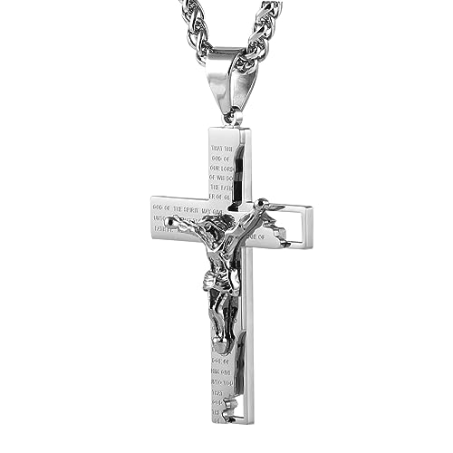 HZMAN Men's Stainless Steel Cross Crucifix Bible Prayer Pendant Necklace - color: Silver