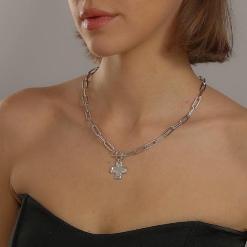 Chunky Cross Necklace for Women, 14K Gold Silver Pendant Necklace - color: White Gold-Toggle-0.8 inch pendant