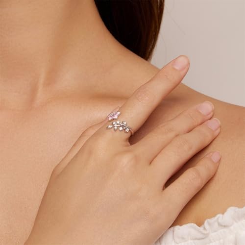 925 Sterling Silver Adjustable Open Ring for Women Trendy Jewelry Gift - color: Pink flowers