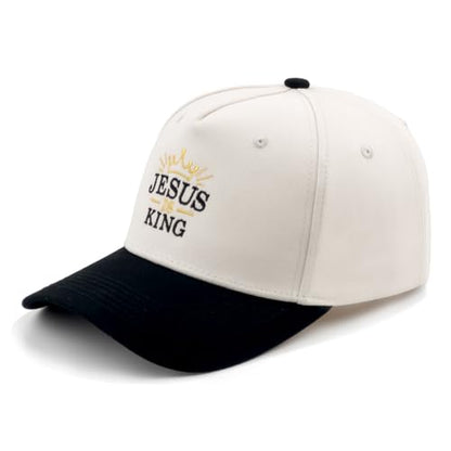 Embroidered Christian Two-Tone Baseball Cap for Men & Women, Adjustable Dad Hat Christmas Easter Gift - color: Crown Shape Jesus is King, Black/Beige