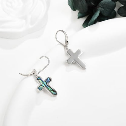 Cross Earrings 925 Sterling Silver Dangle Earring Gifts for Women - style: A-Abalone shell