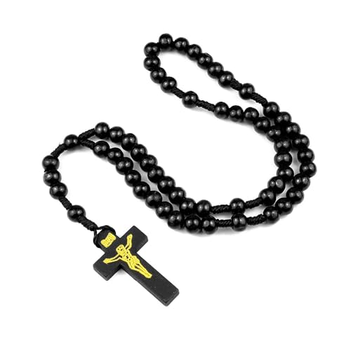 COLORFUL BLING Classic Natural Wood Beads Cross Pendant Necklace for Men Women Religious Rosary Jewelry Handmade Prayer Accessories - color: S4 heart black
