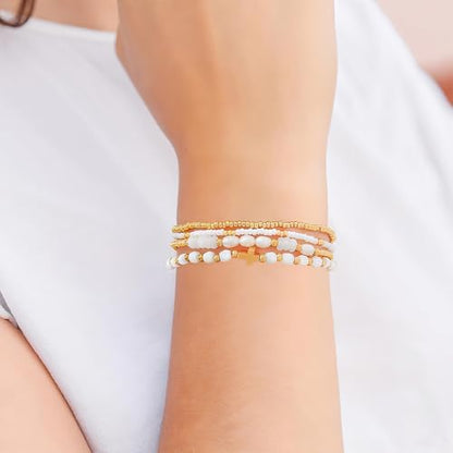 Gold Beaded Bracelets Stack for Women Stackable 14K Gold Plated Beads Ball Cross Bracelet Boho Christian Jewelry Faith Friendship Birthday Gifts for Women - color: White Crystal
