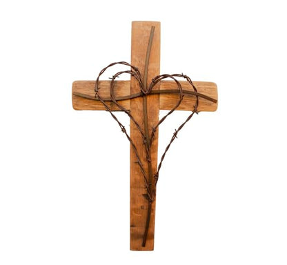 Eco Wine Furniture Rustic Wooden Wall Cross with Barbed Wire Double Heart Design, Handcrafted Religious Home Decor