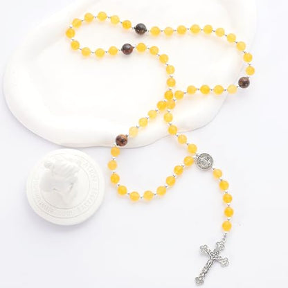 Rosary for Men Women, Natural Stone Beads with St. Benedict Bracelet - color: Yellow