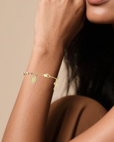 J&H DiaJuvelo Catholic Rosary Bracelet for Women 14K Gold Virgin Mary Rosarios Jesus Cross Charm Link Chain Virgen de Guadalupe Religious Jewelry Gifts for Confirmation Baptism First Communion - style: Gold Rosary C