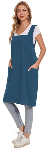 Linen Cotton Aprons for Women Smock Cross-Back Apron with Pockets - color: 07-dark Blue, size: Large