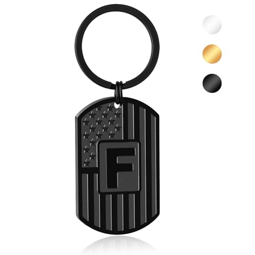 Initial Keychain for Men, A-Z Letter American Flag KeyChain Gifts for Men - color: Black F