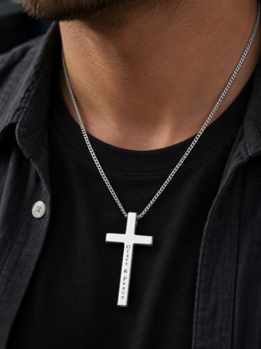 Engraved Cross Necklace for Men, Women & Boys & Girls Cross Necklace, Stainless Steel Cross Pendant Necklace, Faith & Inspiration Christian Jewelry Gift - color: Grace & Peace