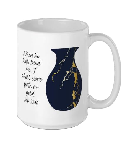 Bible Verse Jesus Christ Kintsugi Vase Gold Job Christian Ceramic Mug, White, 15oz - color: White, size: 15 Ounces