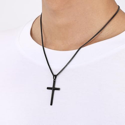 Fiusem Beveled Edge Cross Necklace for Men - size: 20 inches, style: Black cross: 1.6"*1.0"