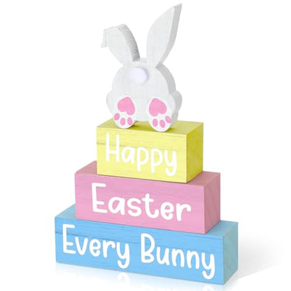 4 Pcs Easter Table Decoration Happy Easter Every Bunny Wooden Block Sign Pastel Bunny Centerpiece Spring Wood Blocks Tiered Tray Decor for Home Kitchen Tabletop Display - style: Bunny