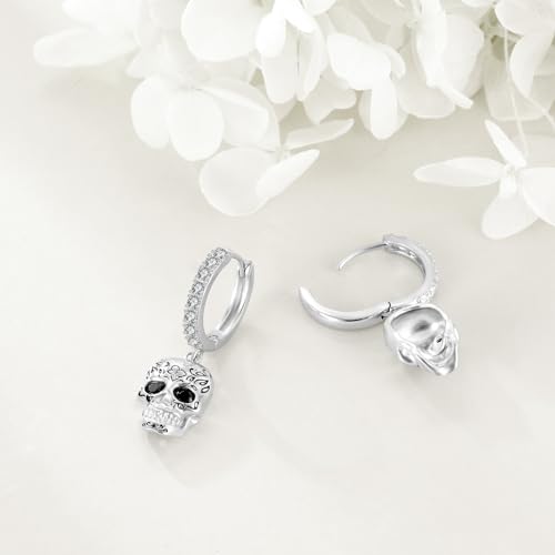 AOBOCO Black Hoops Earrings for Men Sterling Silver Viking Celtic Cross Heart Skull Round Triangle Hoop Earrings Birthday Father Day Christmas Jewelry Gifts for Men Women Friends - style: Skull Earrings