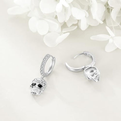 AOBOCO Black Hoops Earrings for Men Sterling Silver Viking Celtic Cross Heart Skull Round Triangle Hoop Earrings Birthday Father Day Christmas Jewelry Gifts for Men Women Friends - style: Skull Earrings