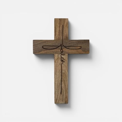 Handmade Mango Wood Cross Wall Decor 12x18 Inch Natural Finish with Faith Laser Burnt Design Rustic Wooden Christian Cross for Farmhouse Wall Hanging Religious Home Church