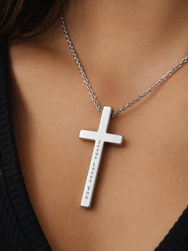 Engraved Cross Necklace for Men, Women & Boys & Girls Cross Necklace, Stainless Steel Cross Pendant Necklace, Faith & Inspiration Christian Jewelry Gift - color: Jesus Loves You