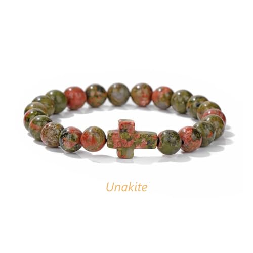 8mm Gemstone Cross Bracelet for Women Men – Stretch Beaded Faith Bracelet with Sideways Cross (Multiple Colors) - style: Unakite