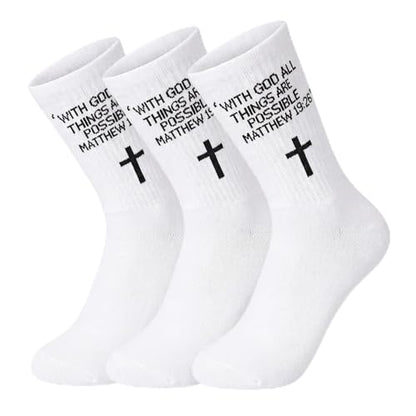 3 Pairs Christian Socks,Novelty Christian Easter Basket Stuffing - color: Matthew 19:26 - White
