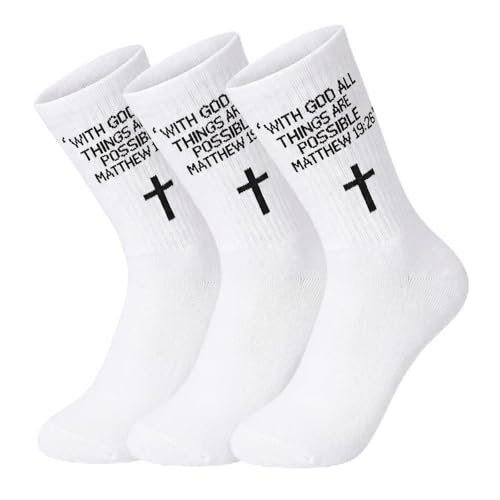 3 Pairs Christian Socks,Novelty Christian Easter Basket Stuffing - color: Matthew 19:26 - White
