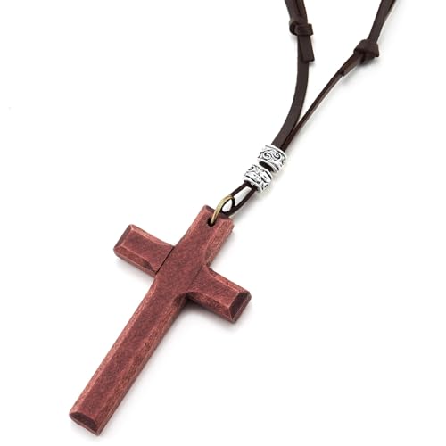 COOLSTEELANDBEYOND Leather Cord Necklace with Wooden Cross, Mens Womens, Adjustable Dark Brown Leather Cord