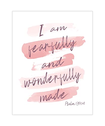 Watercolor Blush Pink and Purple Scripture Unframed Print Fearfully and Wonderfully Made Psalm 139:14, Kid Bible Verse Nursery Wall Decor