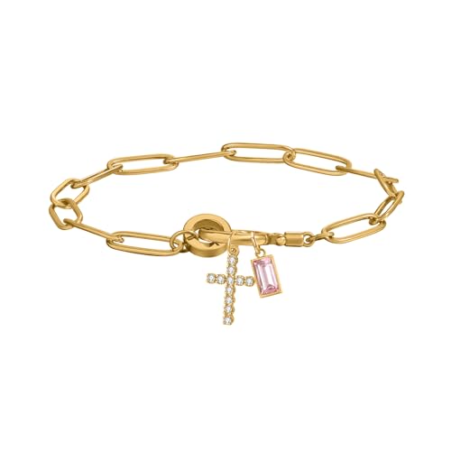 Paperclip Birthstone Cross Charm Bracelet – 18K Gold Plated Link Chain with Cross Charm & Personalized Birthstone, Adjustable Faith Jewelry Gift for Women, Baptism Confirmation Birthday - color: Oct - Pink Tourmaline