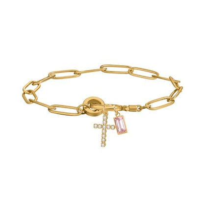 Paperclip Birthstone Cross Charm Bracelet – 18K Gold Plated Link Chain with Cross Charm & Personalized Birthstone, Adjustable Faith Jewelry Gift for Women, Baptism Confirmation Birthday - color: Oct - Pink Tourmaline